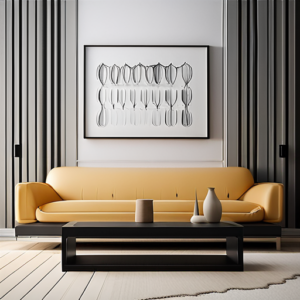 A stylish living room featuring a yellow sofa, a black coffee table, and elegant wall art against grey paneling.