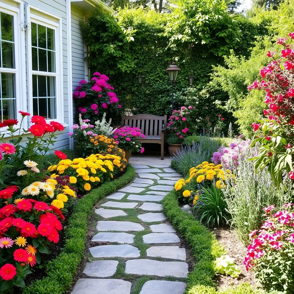 A beautifully landscaped garden featuring colorful flowers lining a stone path, with a wooden bench surrounded by lush greenery.